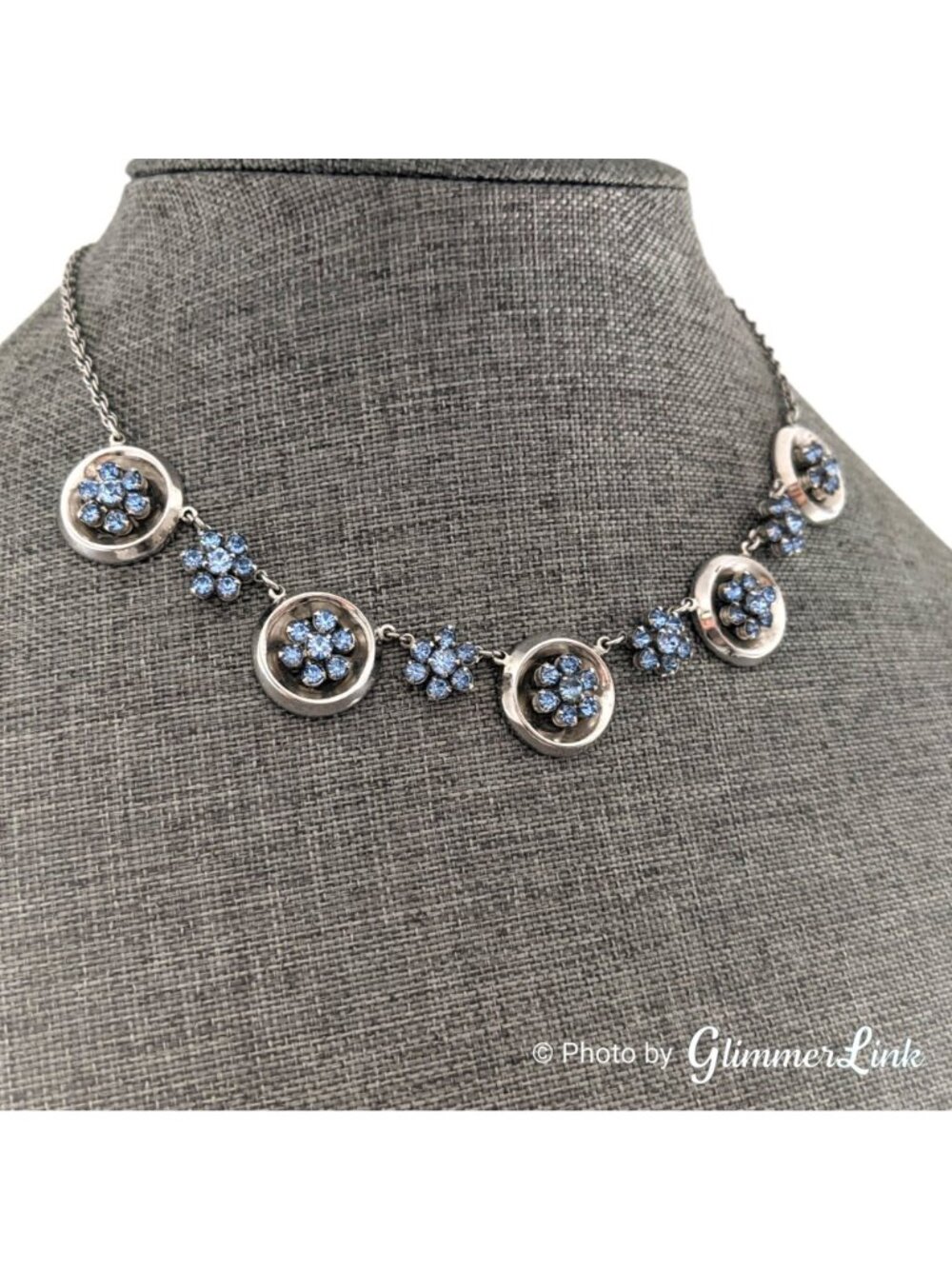 Vintage Pale Blue Rhinestone Floral Halo Silver Tone Choker Necklace
